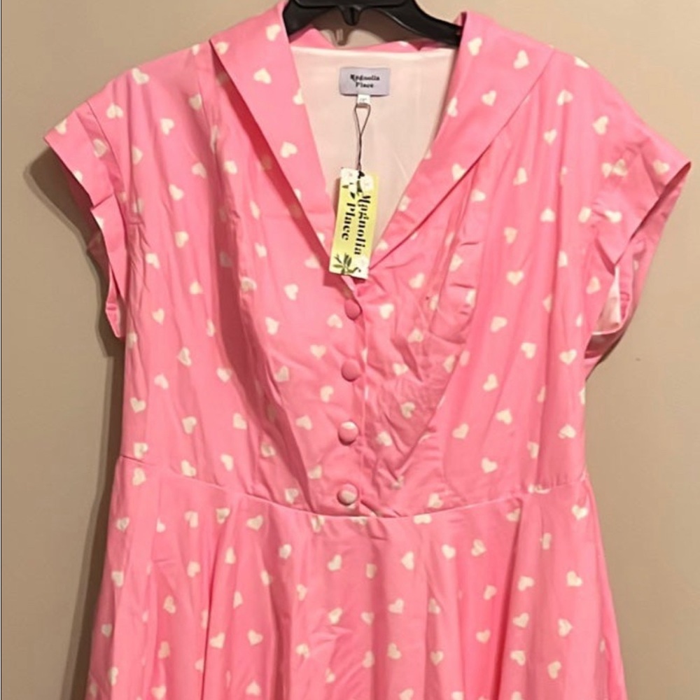 Unique Vintage- Magnolia Place Pink & White Heart Print Tamara Swing Dress